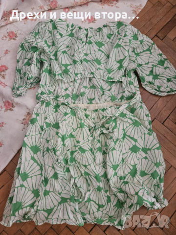 Рокля H & M памучна, шарена със зелено и с отворен гръб, снимка 3 - Рокли - 52992069