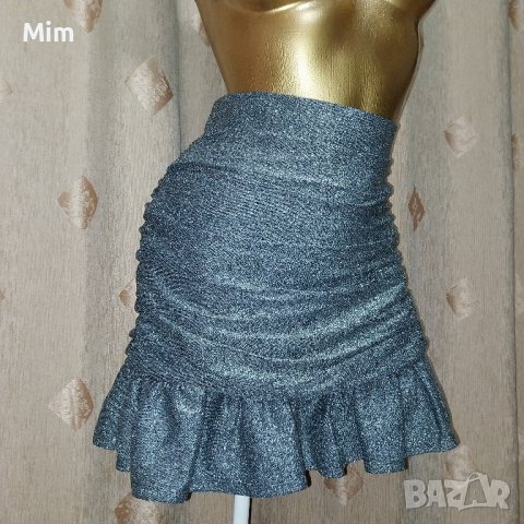 COSTER M Къса пола на волани от сребрист брокат , снимка 5 - Поли - 43860891