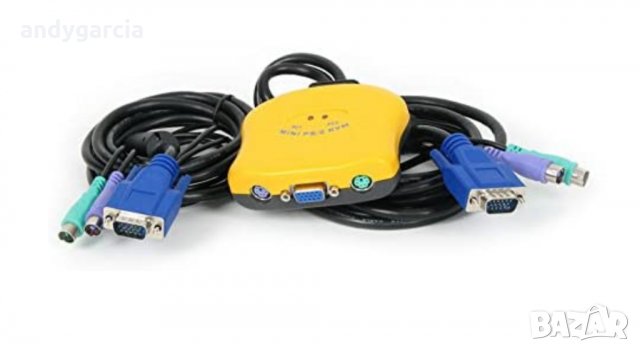 PS2 KVM Mini 2 в 1 кабел за 2 компютъра с 1 монитор VGA/PS2 клавиатура и мишка, снимка 2 - Кабели и адаптери - 29010256