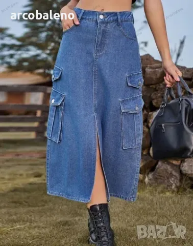 Дамска дънкова карго ежедневна миди пола с еластична талия, 2цвята , снимка 4 - Поли - 48991012