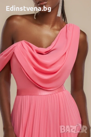 Дамска официална рокля GODDIVA в цвят корал с едно рамо и ефирна долна част от шифон, снимка 4 - Рокли - 53160979