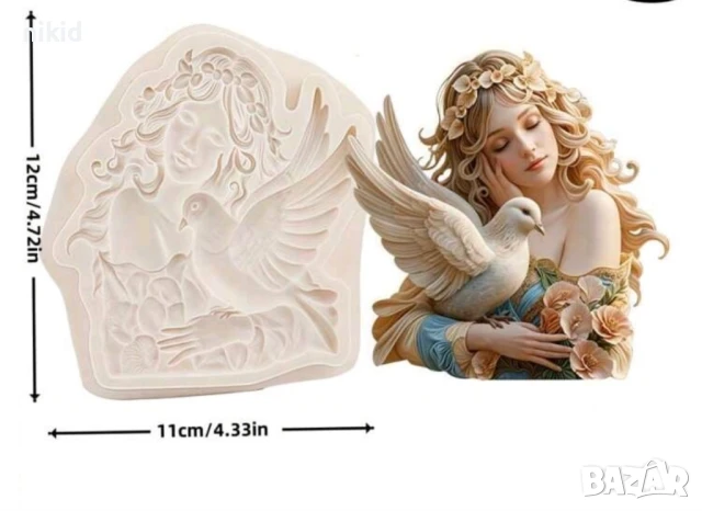 Жена с гълъб кацнал на ръка силиконов молд форма фондан шоколад гипс декор, снимка 2 - Форми - 51184971