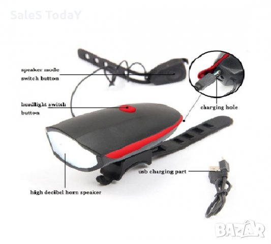 Фар за велосипед и сирена, LED, USB, Акумулаторна батерия, 10,2 х 5,1 см., черен , снимка 2 - Аксесоари за велосипеди - 33146407