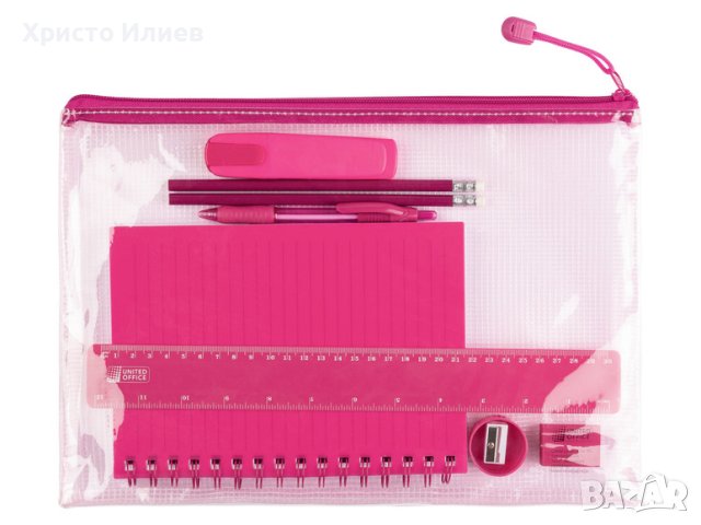Комплект папка с тетрадка молив маркер химикал 9 части UNITED OFFICE - розов
