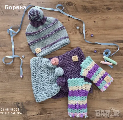 Handmade комплект шапка, шали ръкавици нови с етикет, снимка 5 - Шапки - 49680155