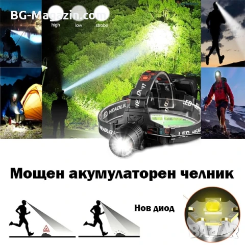 Акумулаторен мощен LED фенер челник за глава далекобоен тактически къмпинг лов риболов каска палатка