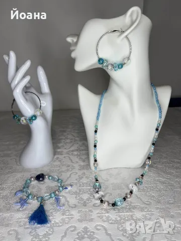ръчно изработен комплект бижута от мъниста с морски мотиви гривна гердан обеци с морско конче звезда