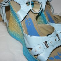 DIAMONDсини сандали, платформа 3см, ток 11см, светло синя еко кожа/жълто, каишки около глезена – 39 , снимка 9 - Дамски ежедневни обувки - 28762361