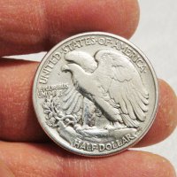 Рядък голям сребърен американски долар, халф долар, HALF  DOLLAR 1943г. Philadelphia сребърен долар , снимка 2 - Нумизматика и бонистика - 35657782