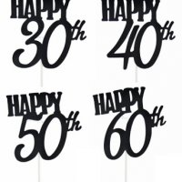 Happy 30/40/50/60th години Честит Рожден ден ЧРД черен брокат мек топер с клечка за торта, снимка 1 - Други - 32580904
