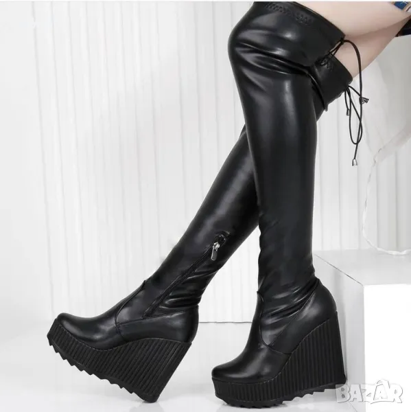 Ботуши на платформа - черна кожа, снимка 1