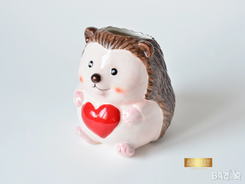 Керамична Саксия Таралеж със Сърце / Декоративна Кашпа за Растения / Подарък за Дете / Кашпа Ежко, снимка 1