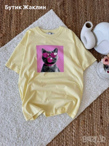 Дамска тениска свободен модел с коте, снимка 1