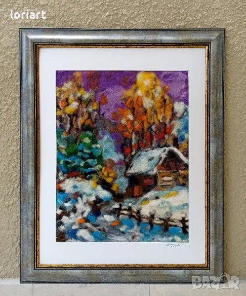 Зимна приказка 2/вълнена живопис/плъст, снимка 1