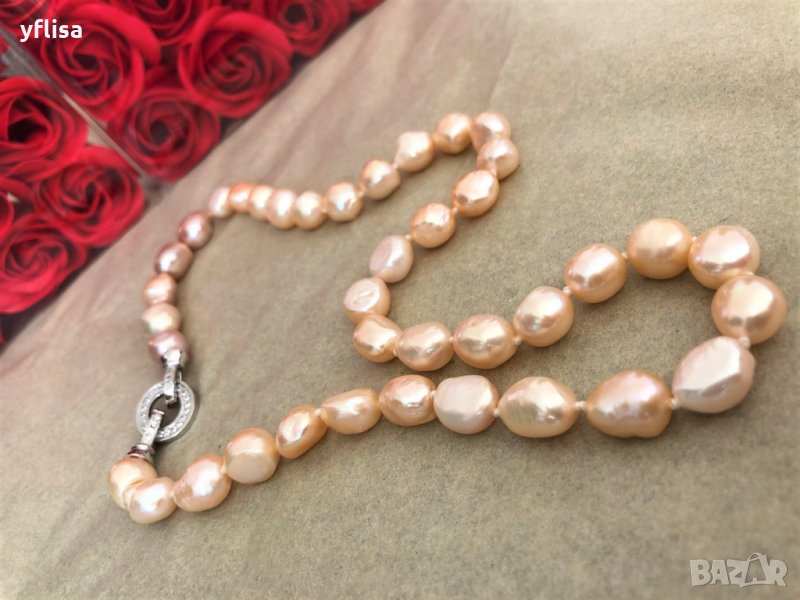 Колие  барокови перли с уникален прасковен цвят, снимка 1