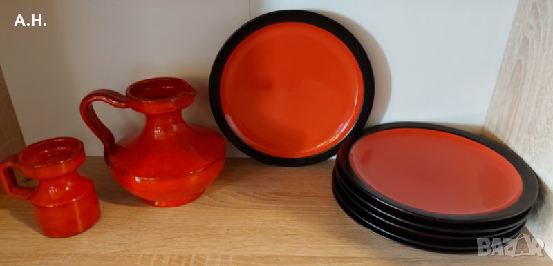 2 броя червени канички и 6 броя червени чинии с черен кант, снимка 1