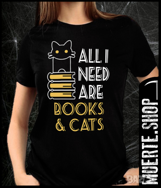 Тениска с щампа BOOKS N CATS, снимка 1