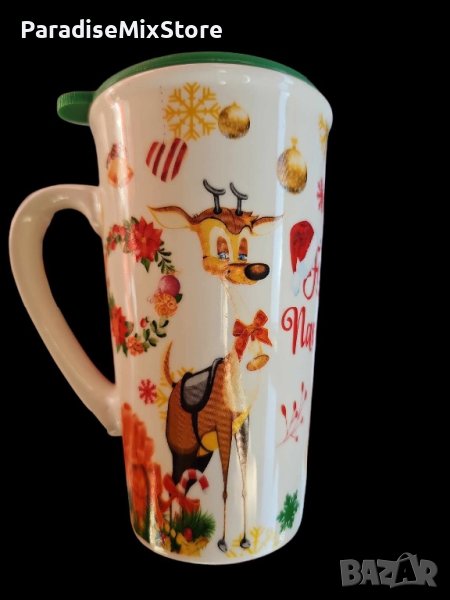 Коледна порцеланова чаша с гумен капак 15см височина. 🍵ВАРИАНТИ: картинка С еленче или с Дядо Колед, снимка 1