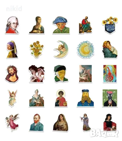50 бр Арт Художествени Известни  самозалепващи лепенки стикери за украса декор картонена торта, снимка 5 - Други - 47934079