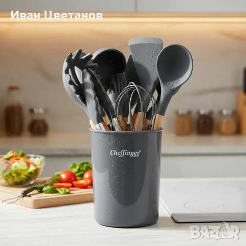 Комплект 12 части кухненски прибори със стойка Cheffinger – силиконови накрайници, дървени дръжки, снимка 2 - Аксесоари за кухня - 53238565