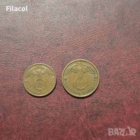 Германия Райх 1 и 2 пфенига 1939 МД 'A' - Берлин, снимка 2 - Нумизматика и бонистика - 52772584