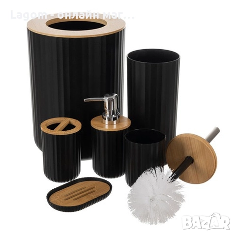 Комплект аксесоари за баня – 6 елемента с бамбукови детайли, Ruhhy 24636, черен цвят, снимка 2 - Органайзери - 52549616