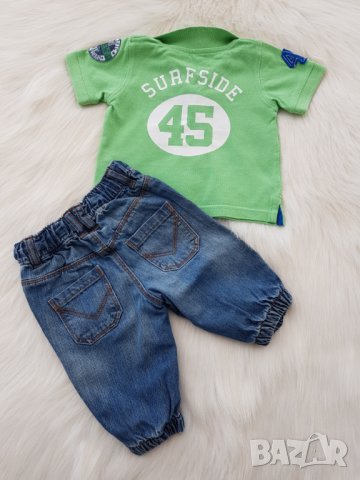Дънки и тениска с яка за бебе момче 3-6 месеца, снимка 4 - Панталони и долнища за бебе - 32422973