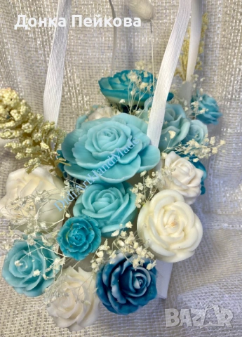 Луксозен букет от соеви свещи в тюркоаз и бяло – ръчна изработка, снимка 8 - Декорация за дома - 53516640