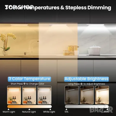 Кухненски лампи под шкафа 4 бр, 20 см, 2000mAh, 40 LED, USB-C, снимка 4 - Лед осветление - 49500156