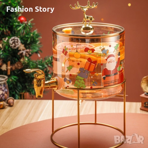 Стъклен диспенсър за напитки 2.6 L с коледен дизайн и златиста стойка, снимка 3 - Буркани, бутилки и капачки - 51800634