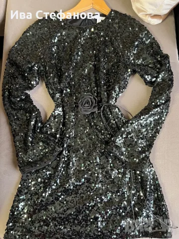 блестяща нова  къса парти коктейлна официална тъмно маслено зелена еластична рокля пайети, снимка 2 - Рокли - 48144445