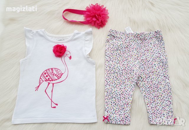 Тениска фламинго и късо клинче за момиче 80-86см., снимка 1 - Комплекти за бебе - 33242090