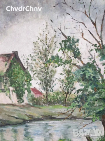 94х74см наивизъм/голяма картина масло върху платно/къща-дървета-река/1979/дървена рамка, снимка 4 - Картини - 50852908