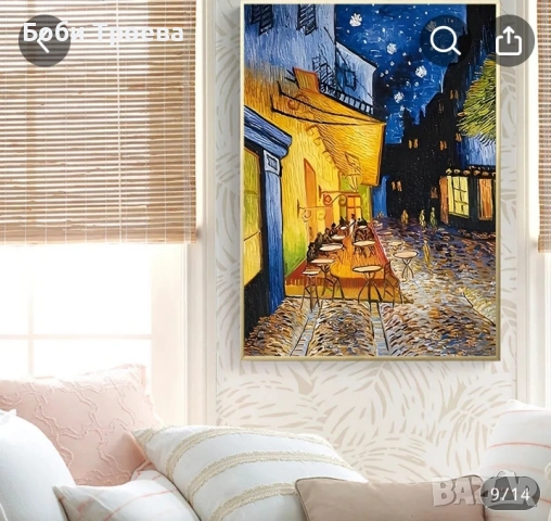 Картина на Ван Гог на кафе на открито през нощта с хора, Забавна и вдъхновяваща стенна украса, снимка 2 - Картини - 53036183