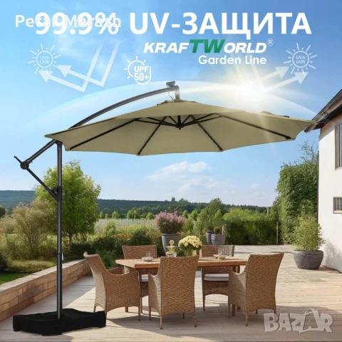 Висящ градински чадър Monaco 3м KraftWorld | Соларено LED осветление | Бежов Лукс | 220g/m², снимка 4 - Градински мебели, декорация  - 51051242
