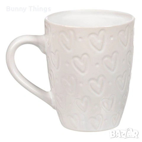 Керамична овална чаша Бяла Релефен дизайн Сърца 350 мл, снимка 2 - Чаши - 53415912