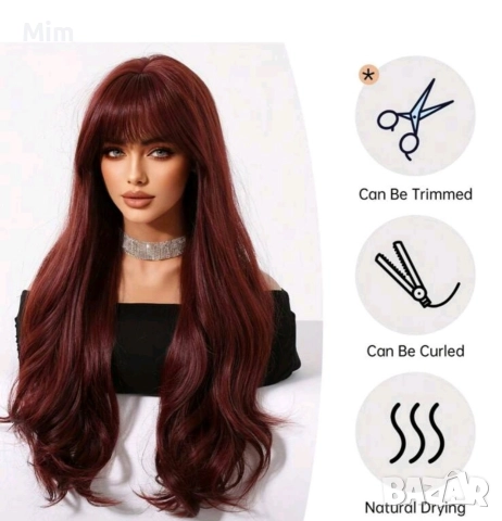 60 см Перука в червено бордо с бретон , снимка 5 - Аксесоари за коса - 52589287