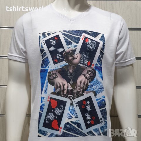 Нова мъжка тениска с трансферен печат Попай моряка, Покер, снимка 3 - Тениски - 34668170