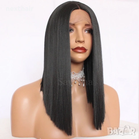Права черна перука 40 см с дантела 13×4×1, снимка 4 - Аксесоари за коса - 53019237