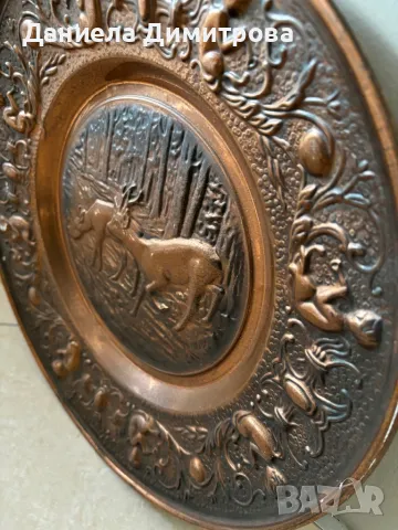 Медна чиния с ловен мотив, снимка 3 - Антикварни и старинни предмети - 48765639
