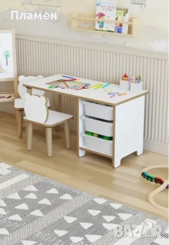 Детска маса с двe столчета Panda и рафтове, снимка 3 - Маси - 48672498