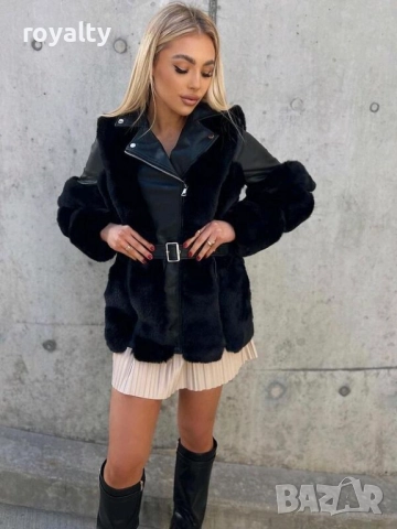 Дамско кожено черно яке с пух