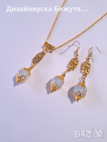 Прекрасен комплект бижута обеци и колие със скъпоценни камъни Опал и филигранни орнаменти цвят злато, снимка 12 - Бижутерийни комплекти - 43414640