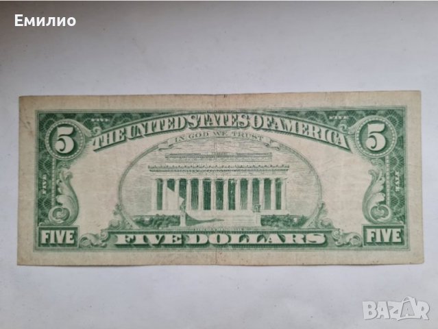 SCARCE. USA 🇺🇸 $ 5 DOLLARS 1963 год. Червен Печат с Мото, снимка 2 - Нумизматика и бонистика - 36594532