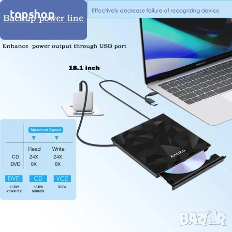 Външен диск четец Antika - CD DVD-RW устройство, Type C USB 3.0, вграден кабел, снимка 2 - Други - 50542583