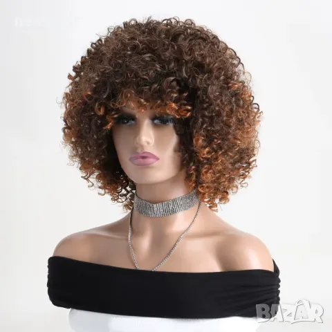 Афро къдрава кафява перука с оранжеви краища, снимка 3 - Аксесоари за коса - 50237603