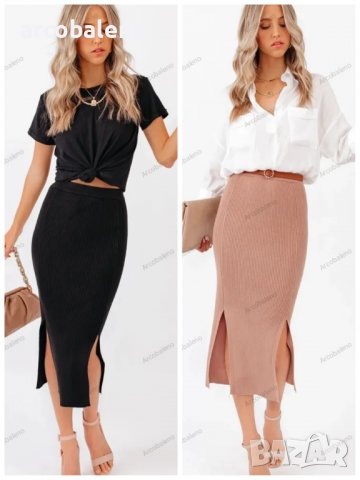 Дамска модна вталена миди пола с цепки, 2цвята - 023 