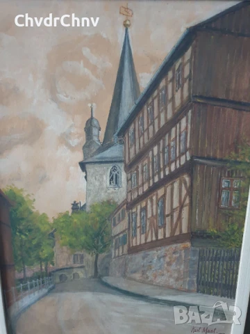 Чифт стари малки картини акварел върху картон/замъци/1912/картина в дървена рамка 41х31см, снимка 6 - Картини - 51192322