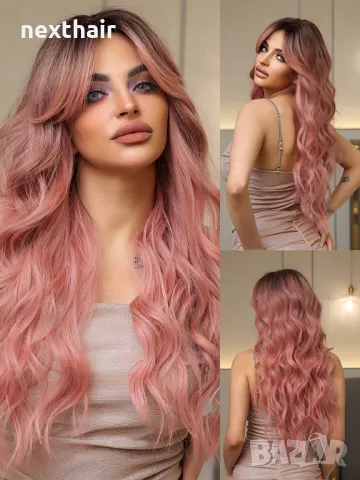Розова омбре чуплива перука с дълъг бретон и тъмни корени, снимка 3 - Аксесоари за коса - 50192517