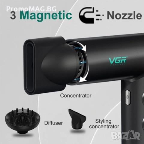 Професионален сешоар VGR-401 BLDC мотор за бързо сушене с нисък шум, снимка 3 - Сешоари - 53349952